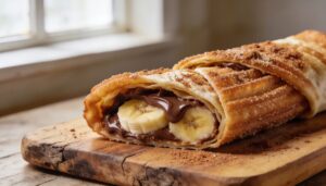 A crispy, golden-brown churro burrito coated in cinnamon sugar, served on a plate.