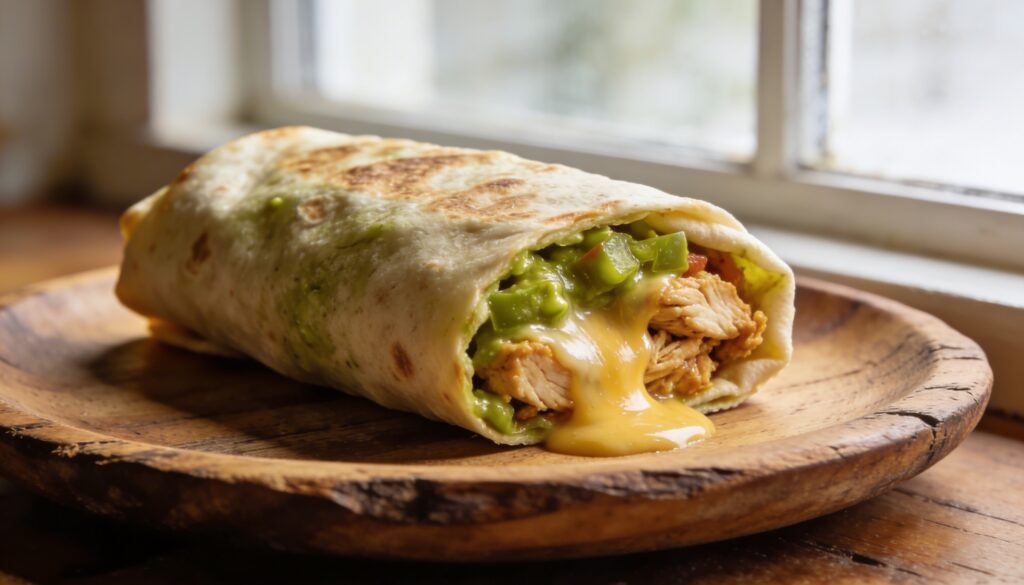 Close-up of a delicious homemade green chile chicken burrito, cut in half to reveal tender shredded chicken, vibrant green chile sauce, melted cheese, and Spanish rice.
