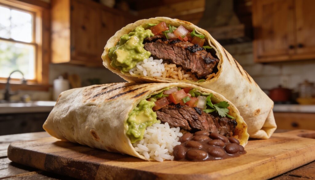 A perfectly wrapped carne asada burrito, cut in half, showing grilled skirt steak, guacamole, rice, and beans inside, ready to eat.
