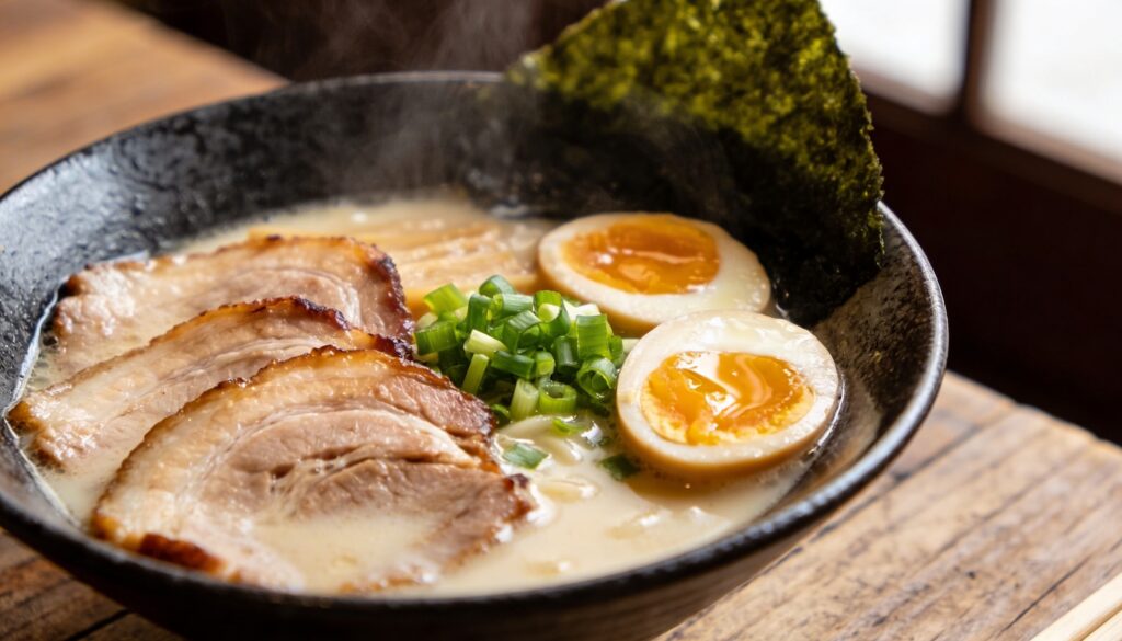 A steaming bowl of homemade Tonkotsu ramen with chashu pork, ajitama egg, nori, and green onions.
