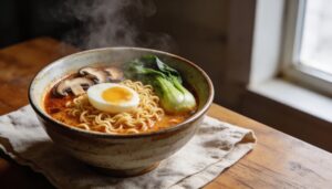 A vibrant bowl of spicy miso ramen with a jammy soft-boiled egg, fresh bok choy, sliced mushrooms, and a dollop of chili crisp on top