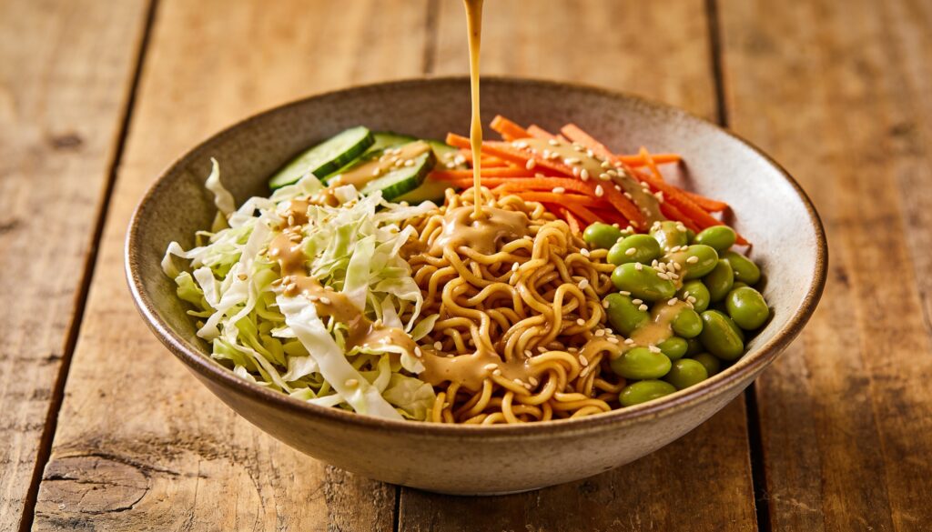 A vibrant cold ramen salad bowl with noodles, cabbage, carrots, edamame, and cucumber, topped with a sesame-ginger dressing.