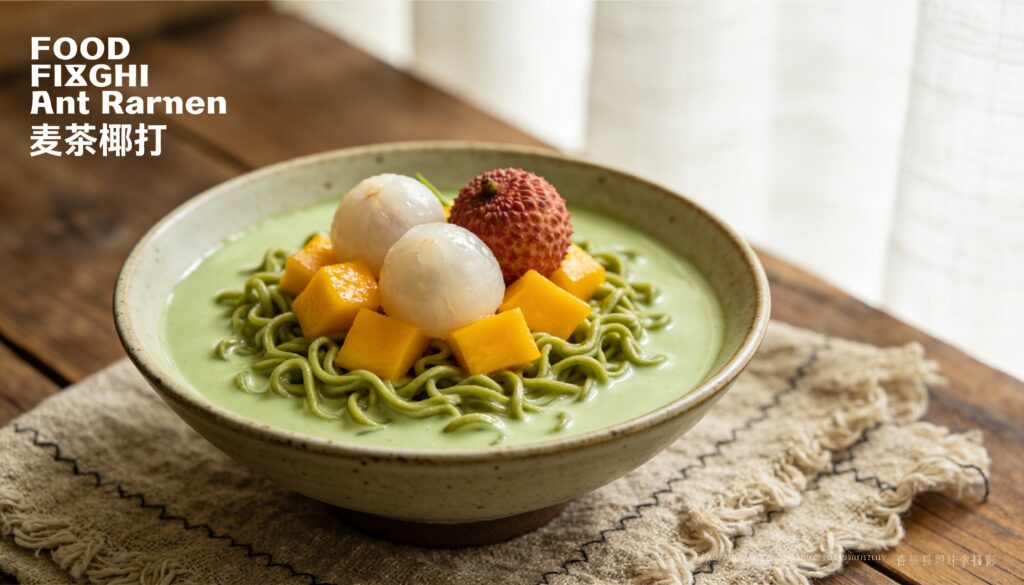 A vibrant bowl of matcha ramen dessert soup, featuring green noodles, fresh mango slices, and lychee in a creamy coconut broth, garnished with mint.