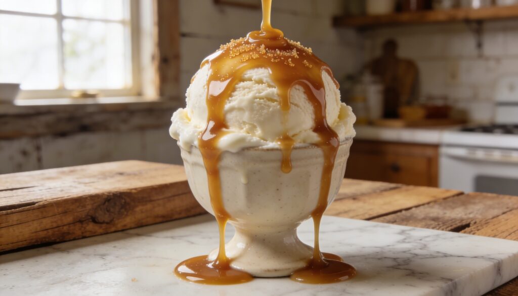 Golden brown butter salted caramel sauce in a glass jar, ready to be used.