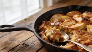 Warm homemade caramel apple skillet bread pudding, topped with caramel sauce, served in a cast iron skillet.