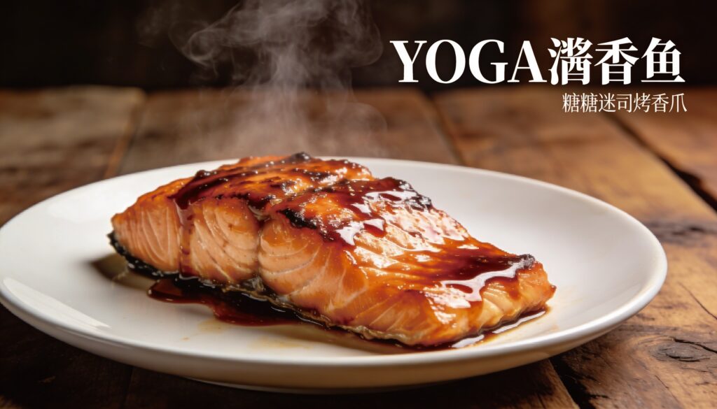 Perfectly broiled caramel miso glazed salmon fillet with a glossy, sticky coating, garnished with fresh herbs, served on a plate.