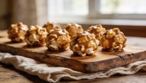 A close-up shot of several golden-brown caramel popcorn balls stacked on a rustic wooden board, with a few loose kernels around.