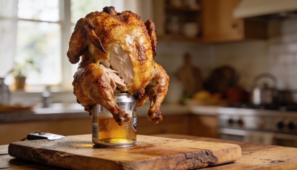Whole grilled beer can chicken with crispy skin on a platter, ready to serve.