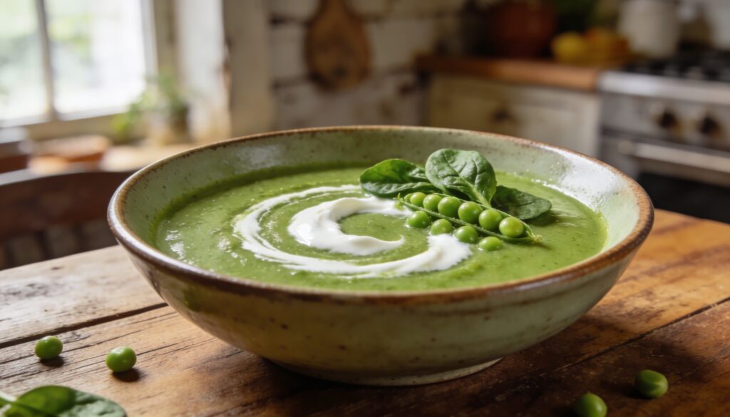 Vibrant green soup in a white bowl with a swirl of Greek yogurt and a sprig of fresh mint, set on a light background.