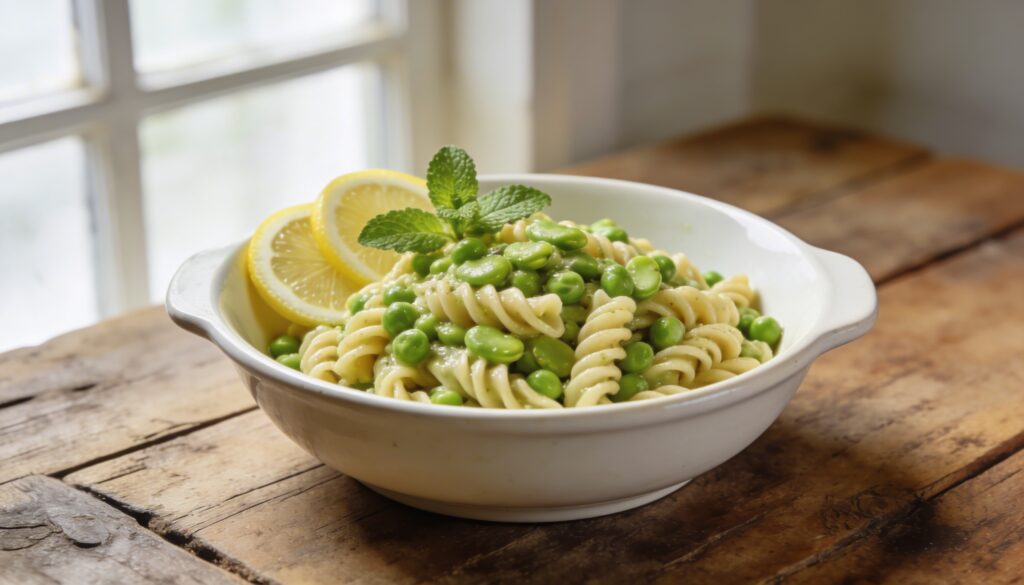 Close-up of vibrant Spring Pea Pasta with fresh peas, mint, and parmesan, served in a bowl.