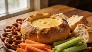 Warm Easy Beer Cheese Dip served in a rustic bread bowl, surrounded by soft pretzels, fresh carrot and celery sticks, and crusty bread for dipping.