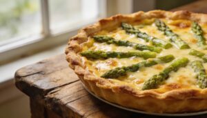 A whole, golden-brown elegant spring asparagus quiche, freshly baked in a pastry crust and ready to serve for brunch.