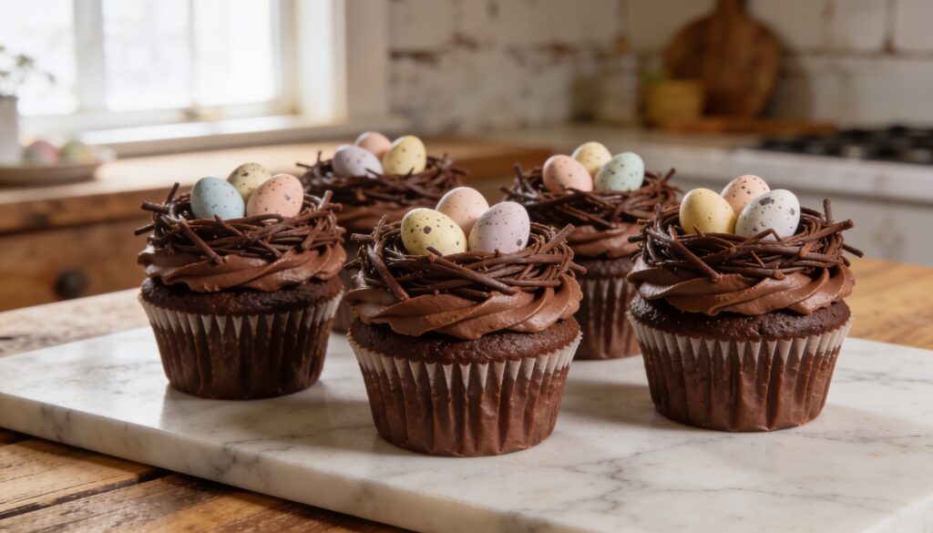 Moist chocolate Easter nest cupcakes topped with swirled chocolate buttercream and vibrant mini speckled candy eggs in a nest shape.