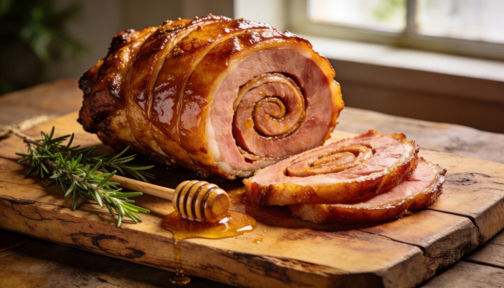 A glistening, whole honey glazed spiral ham, beautifully caramelized and served on an elegant platter, ready to be the centerpiece of an Easter dinner.