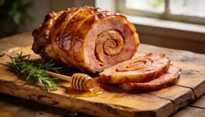 A glistening, whole honey glazed spiral ham, beautifully caramelized and served on an elegant platter, ready to be the centerpiece of an Easter dinner.