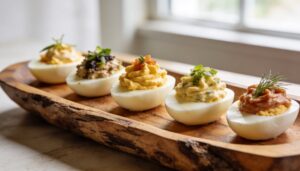 A platter of five different deviled egg variations: classic, sriracha, avocado, crispy bacon, and smoked salmon with capers, ready for an Easter party.