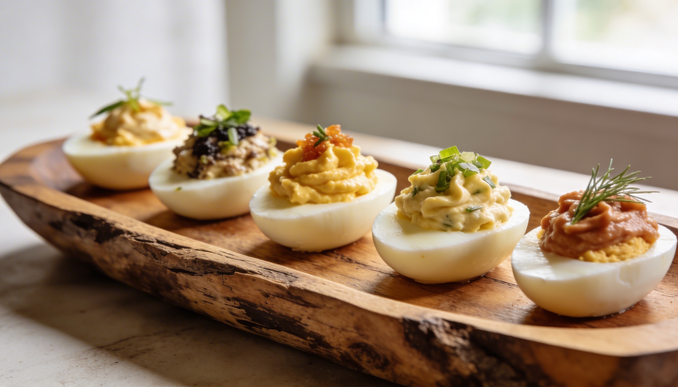A platter of five different deviled egg variations: classic, sriracha, avocado, crispy bacon, and smoked salmon with capers, ready for an Easter party.