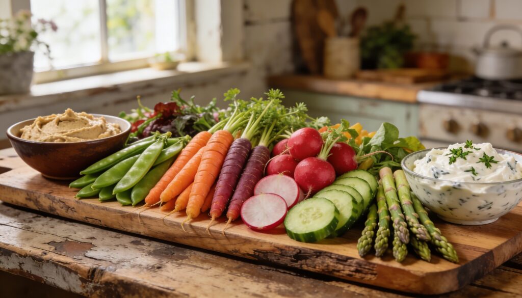 A vibrant spring crudités board featuring rainbow carrots, snap peas, radishes, cucumber spears, and green asparagus arranged around three dipping bowls containing hummus, tzatziki, and herbed cream cheese on a wooden platter.