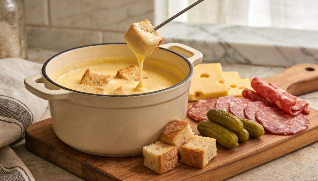 Close-up of classic Swiss cheese fondue in a traditional caquelon, bubbling hot with bread cubes ready for dipping.