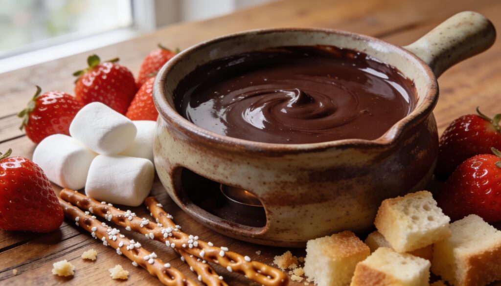 A chocolate fondue pot surrounded by strawberries, marshmallows, pretzels, and pound cake dippers on a festive spring table.