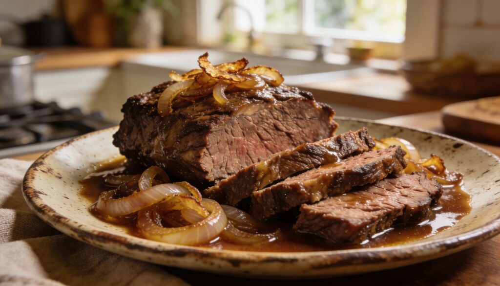 Close-up of a tender, sliced Passover brisket garnished with fresh parsley and braising liquid, served on a platter