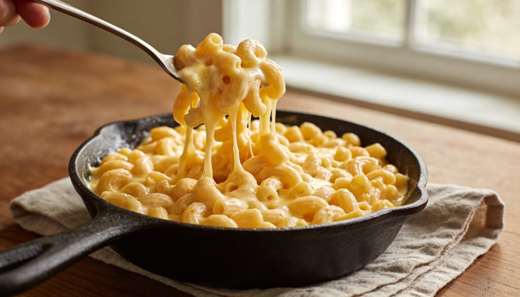 A close-up of a bowl of creamy fondue-style mac and cheese, generously coated in melted Gruyère, Emmental, and sharp cheddar cheese sauce with pasta visible.