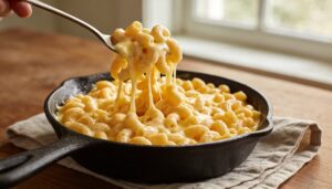 A close-up of a bowl of creamy fondue-style mac and cheese, generously coated in melted Gruyère, Emmental, and sharp cheddar cheese sauce with pasta visible.