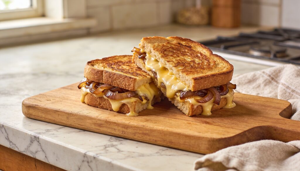 A perfectly golden-brown French Onion Gruyère Grilled Cheese sandwich, cut in half, revealing gooey melted Gruyère and rich caramelized onions, served with a side of soup.
