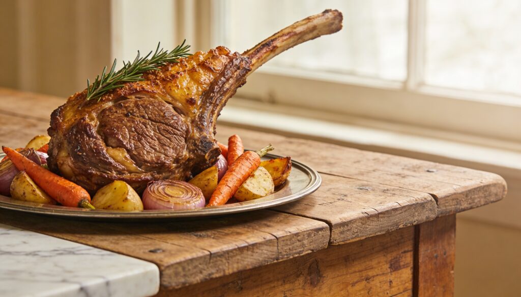 Perfectly cooked herb-roasted leg of lamb, carved and ready to serve for Passover.