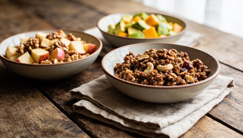 Three bowls of charoset: one with chopped apples and walnuts, one with pureed dates and nuts, and one with diced avocado and mango, arranged on a Passover Seder table.