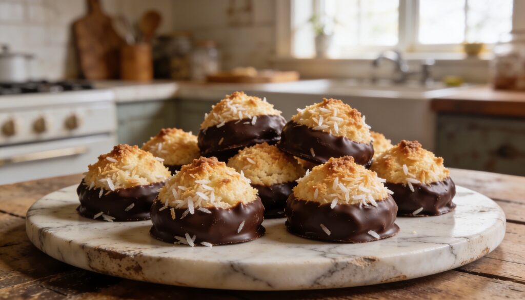 A plate of golden-brown coconut macaroons, some with their bottoms dipped in rich dark chocolate, ready to serve.