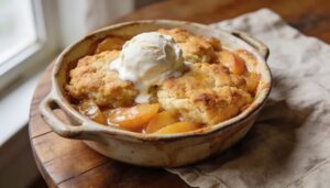 Warm Southern Peach Cobbler with golden biscuits, served with melting scoop of vanilla ice cream.