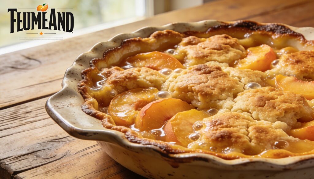 Golden, bubbly peach cobbler dump cake in a baking dish, fresh from the oven, with a serving spoon.