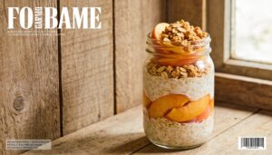 A jar of creamy peach cobbler overnight oats topped with fresh peach slices, toasted almond-oat crumble, and a hint of cinnamon, presented for breakfast.