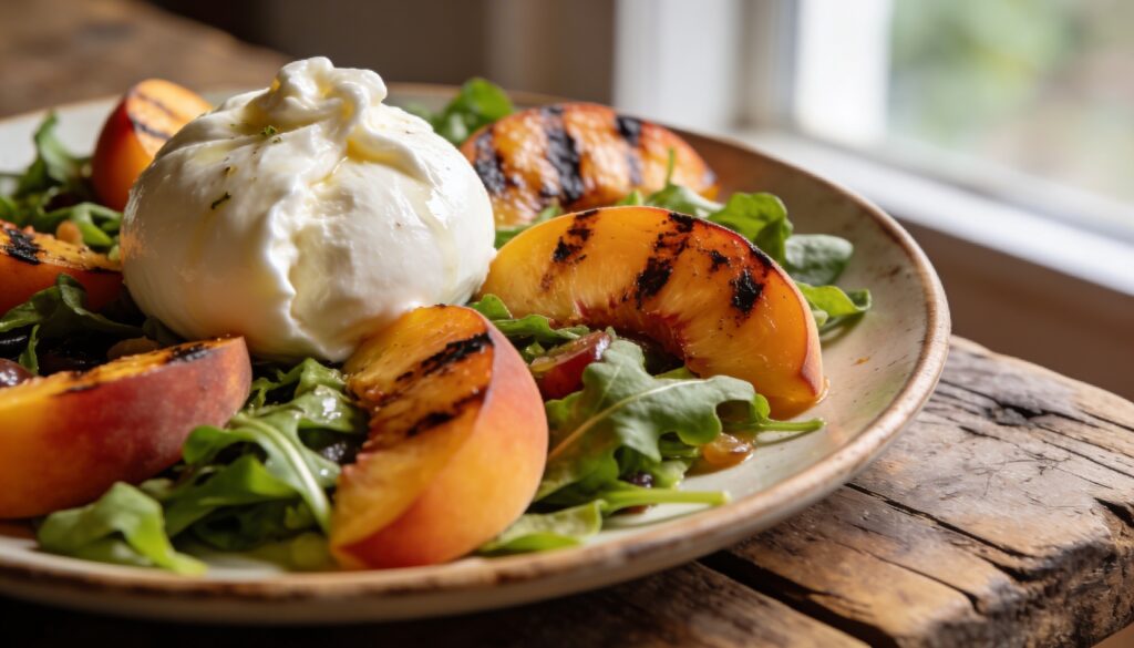 Home Overhead shot of a vibrant Grilled Peach Burrata Salad with balsamic glaze, featuring golden grilled peach halves, creamy burrata, prosciutto, toasted walnuts, and fresh arugula on a white plate.