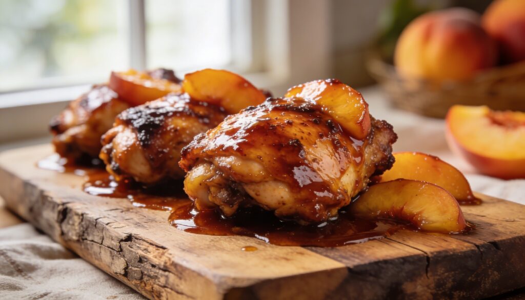 Platter of peach BBQ glazed chicken thighs, garnished with fresh herbs, ready to serve.