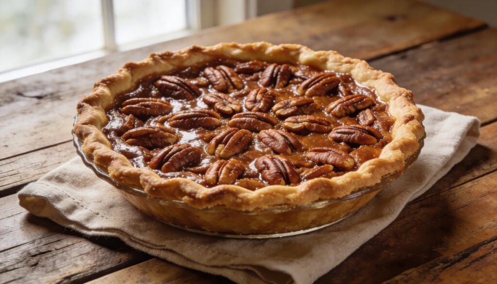 A perfectly baked, golden-brown classic Southern pecan pie with a flaky crust and visible pecan-rich filling, cooling on a wire rack, ready to be sliced.