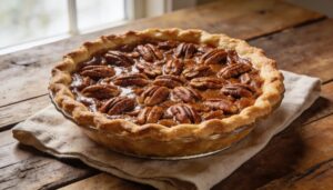 A perfectly baked, golden-brown classic Southern pecan pie with a flaky crust and visible pecan-rich filling, cooling on a wire rack, ready to be sliced.