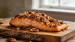 Close-up of a perfectly baked salmon fillet with a golden pecan crust, garnished on a plate