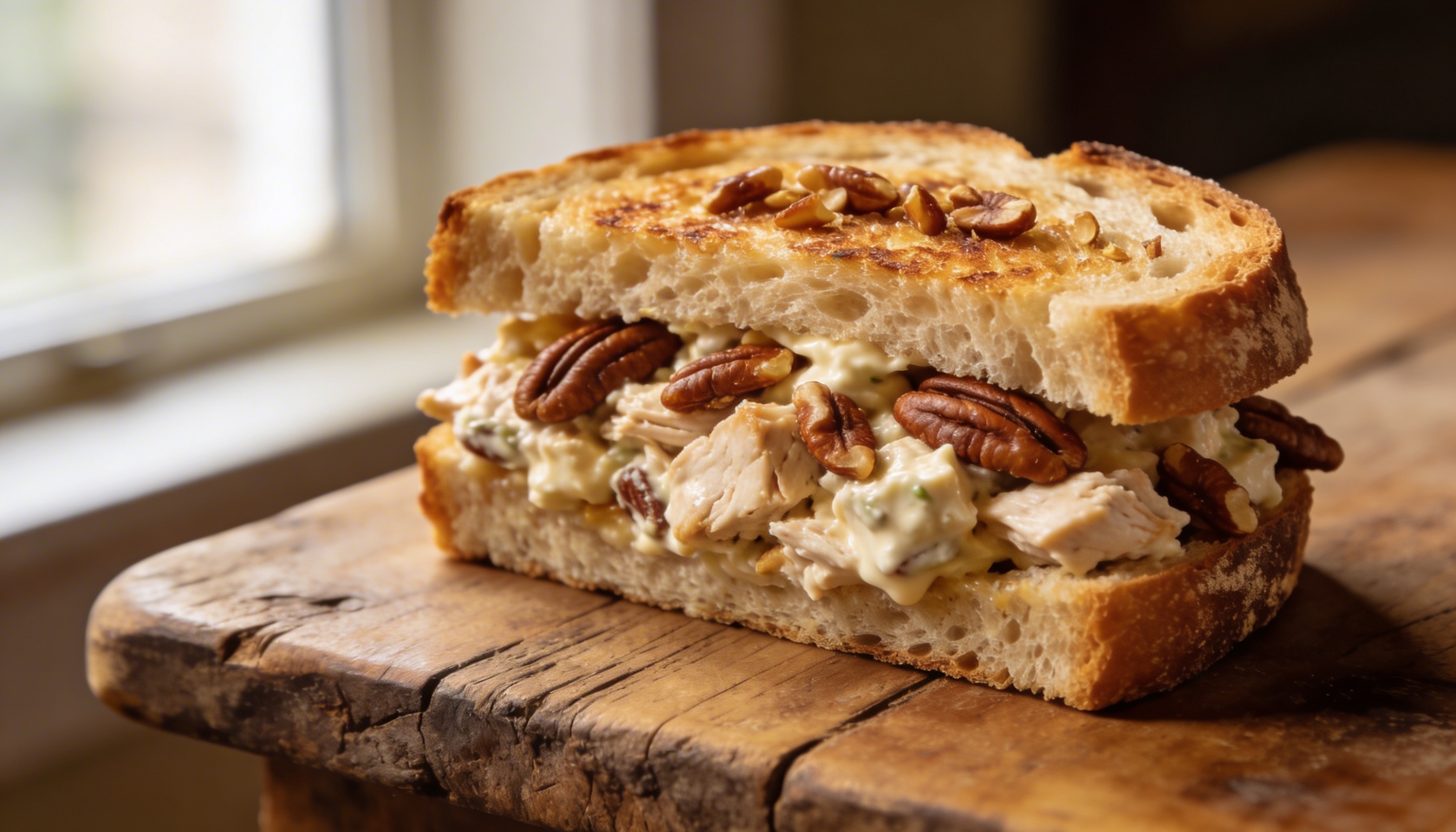 Close-up of a Pecan Chicken Salad Sandwich on a flaky croissant with a side salad, ready for lunch