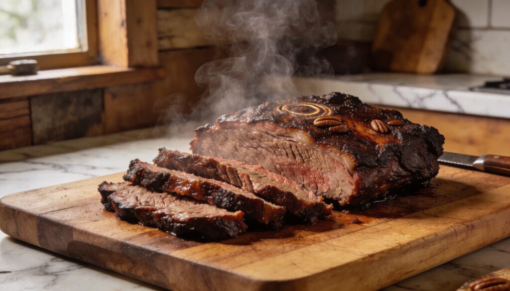 Close-up of a perfectly sliced, juicy pecan-smoked Texas BBQ brisket with a dark, flavorful bark.