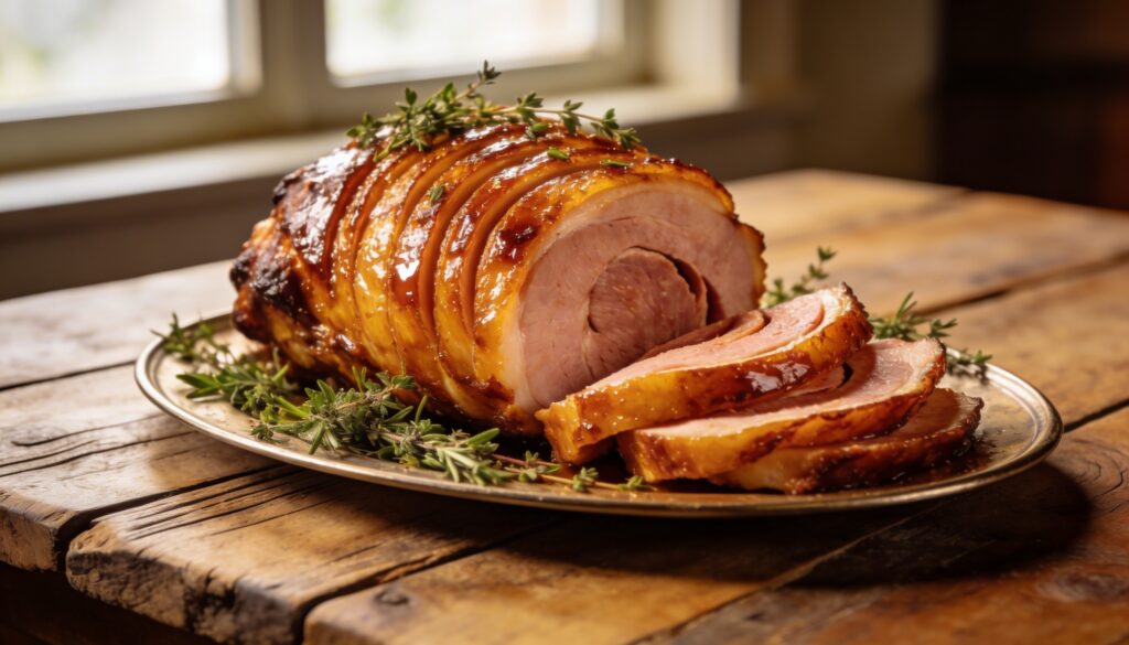 Spiral ham with a glossy glaze, garnished for a festive occasion