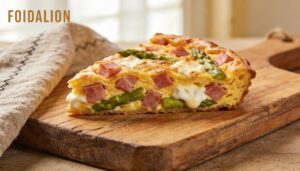 Golden spring vegetable and ham frittata with asparagus, goat cheese, and fresh herbs in a skillet