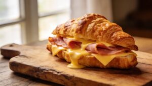 Close-up of golden ham and cheese croissant sandwiches on a platter