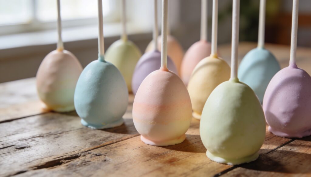 Close-up of vibrant Easter egg cake pops on sticks, decorated with pastel icing and intricate patterns