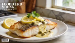 Plate of crispy pan-seared cod fillets topped with lemon caper butter sauce and fresh parsley