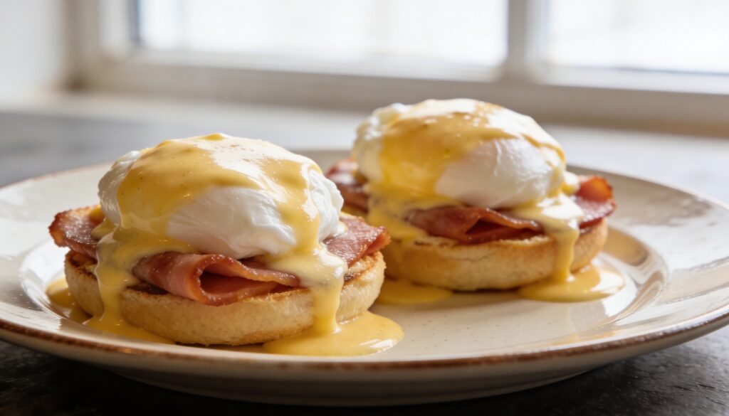 Two servings of Classic Eggs Benedict with perfectly poached eggs, Canadian bacon, toasted English muffins, and creamy hollandaise sauce, garnished with chives.