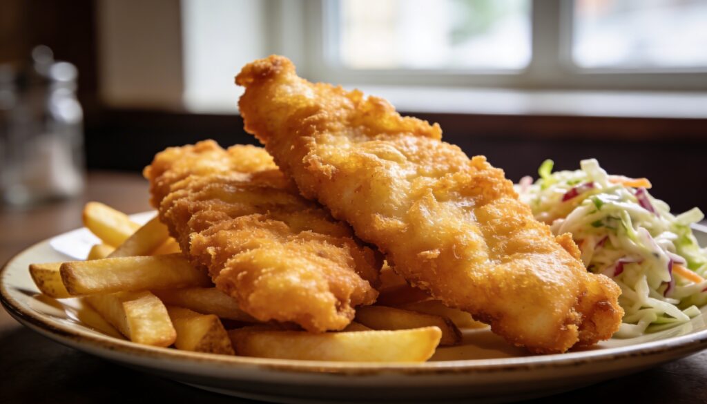 A plate of golden crispy beer-battered walleye or cod with french fries, coleslaw, and tartar sauce, ready to eat.