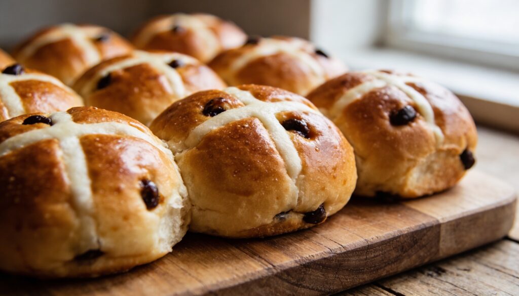 A plate of freshly baked hot cross buns, glazed and studded with currants, displaying prominent white crosses