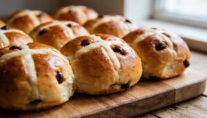 A plate of freshly baked hot cross buns, glazed and studded with currants, displaying prominent white crosses